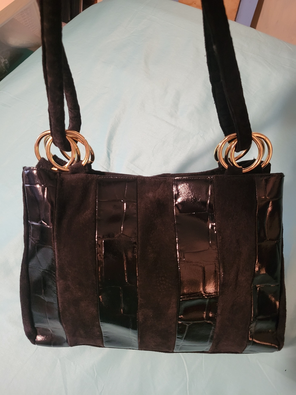 La Covina Black Suede & Patent Patchwork Bag with Gold Rings